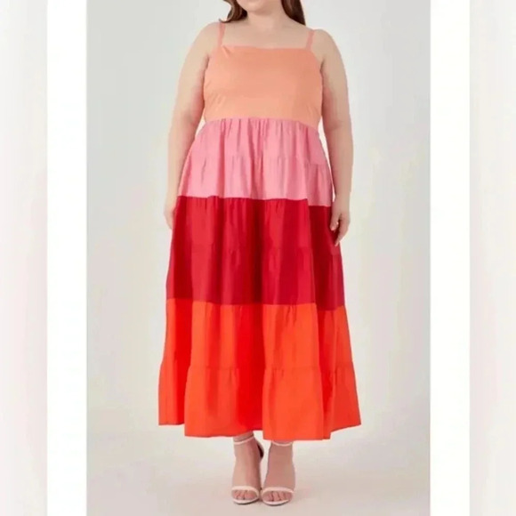 ENGLISH FACTORY Pink Red Boho Siena Color Block Spaghetti Maxi Plus Size 3X NWT - Picture 7 of 7